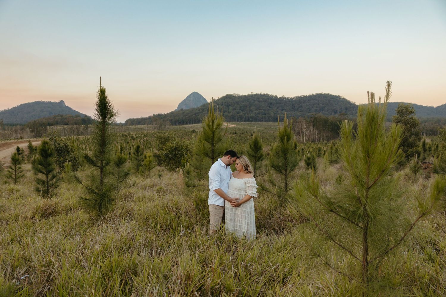 Couple embracing in a pine forest meadow at sunset with rolling hills in the background.