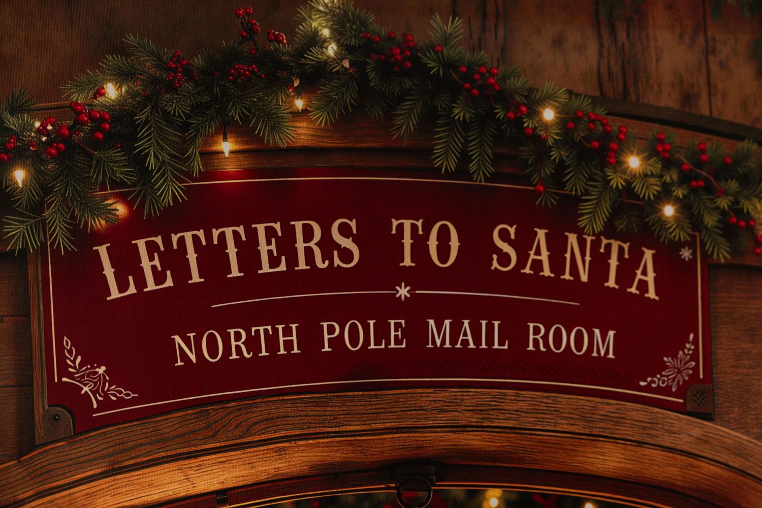 A festive red Letters to Santa North Pole Mail Room sign adorned with holiday greenery and warm lights.