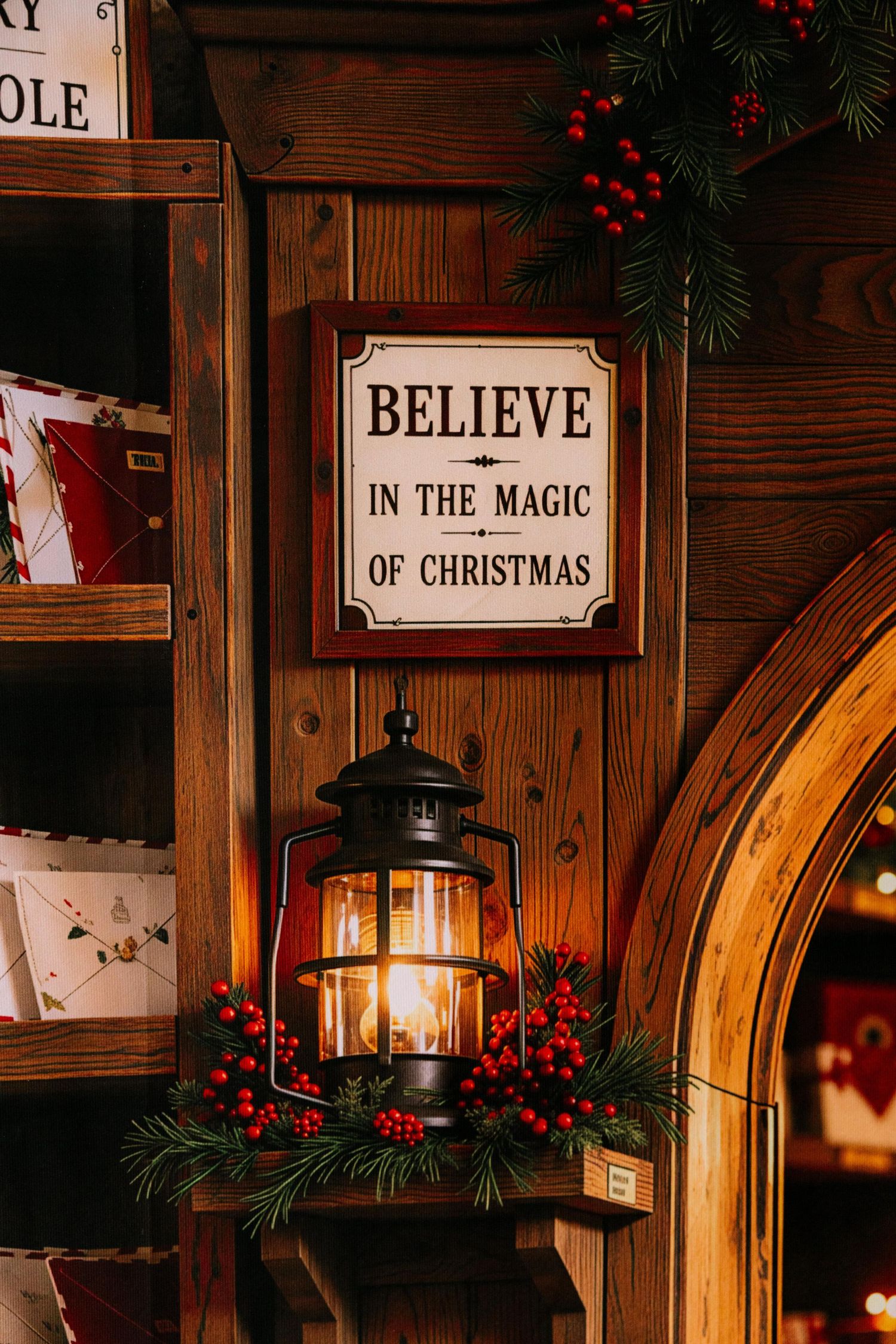 Rustic Christmas decor with glowing lantern and Believe in the Magic of Christmas sign on wooden wall.