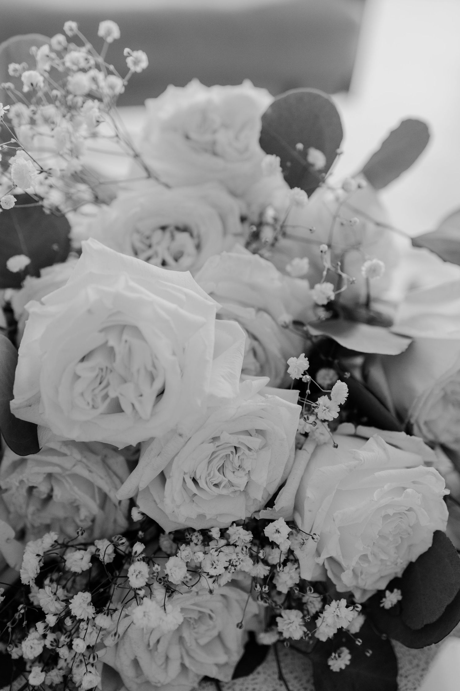 Black and white close-up of roses and baby's breath in elegant bouquet arrangement.