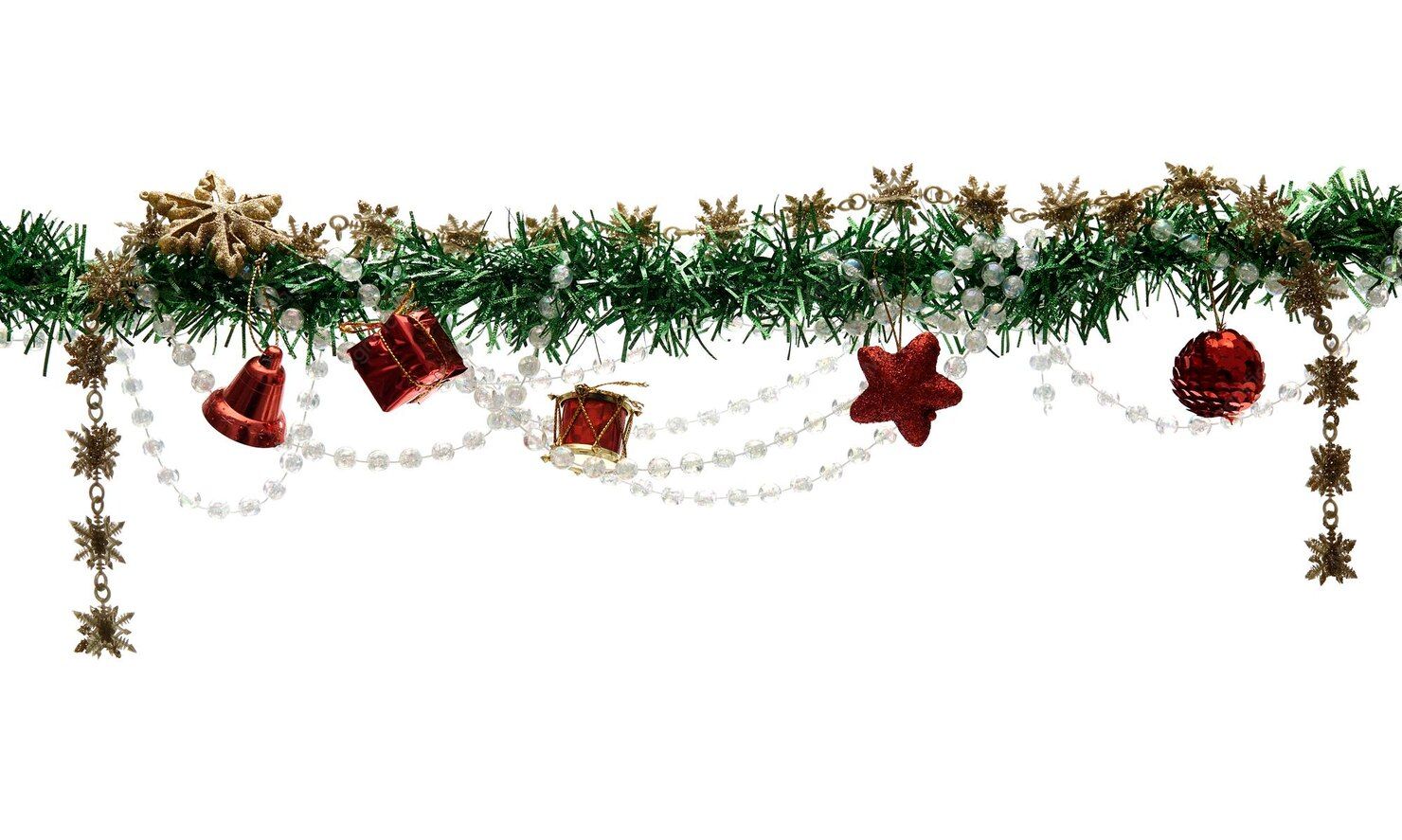 A festive Christmas garland with red bells, stars, gift boxes, pearl beads, and green tinsel on white background.