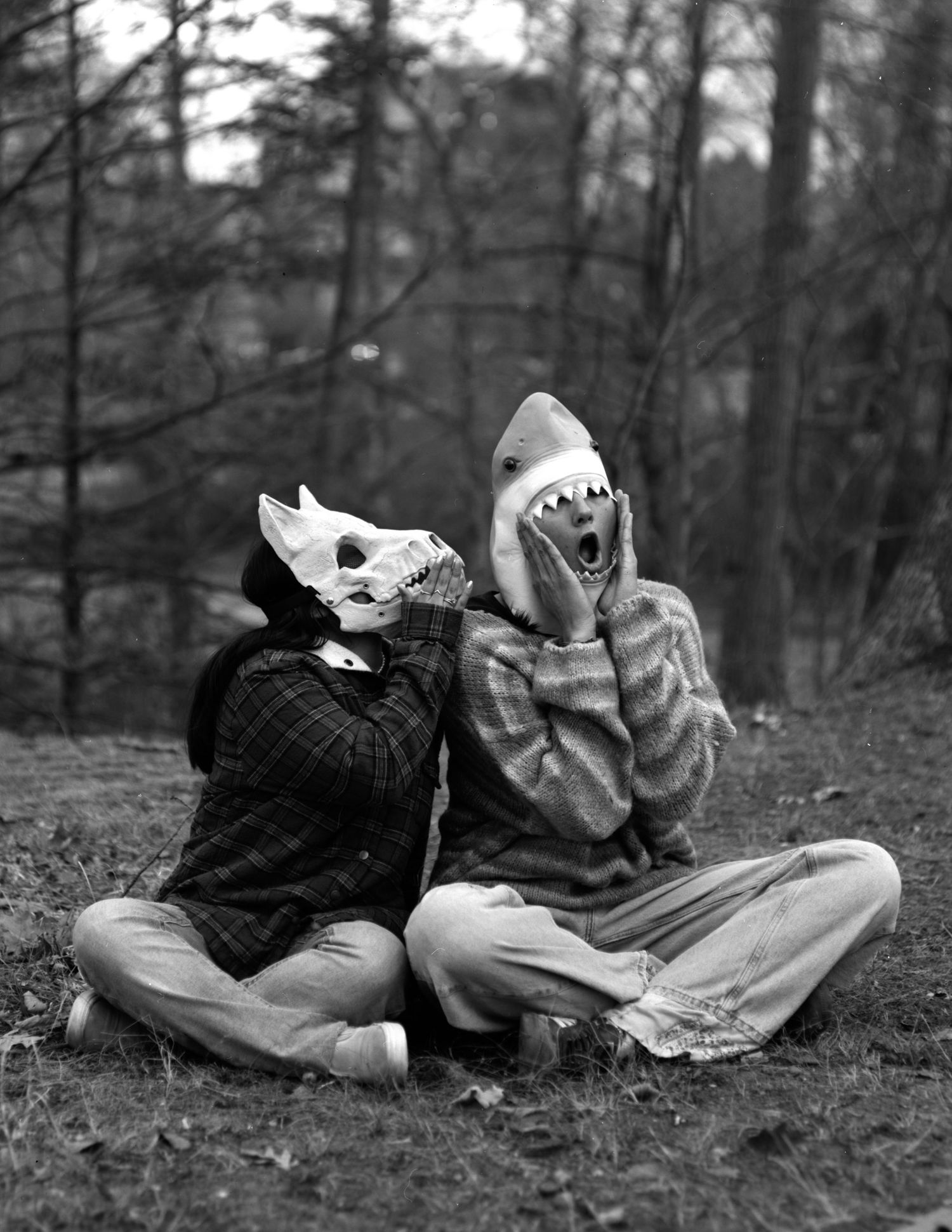 Wide format film of two friends gossiping wearing dog and shark masks
