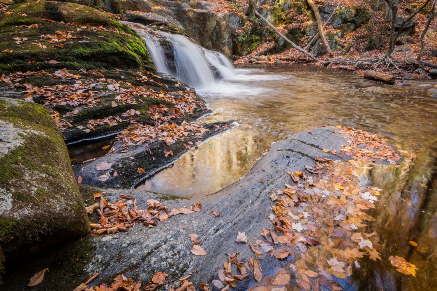 Landscape of long exposure waterfall in autumn/fall season of Enders State Park