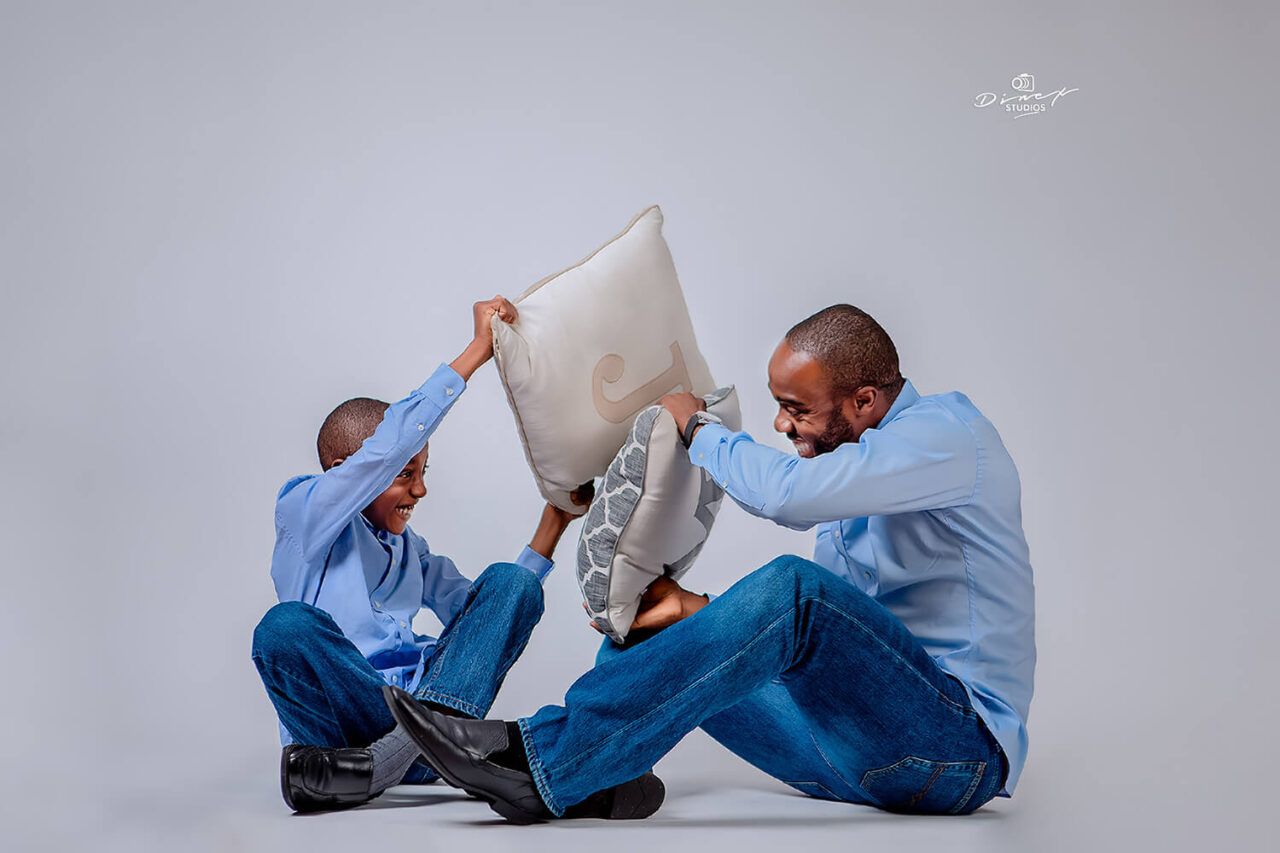Photo sequence showing playful family moments with pillows in casual attire.