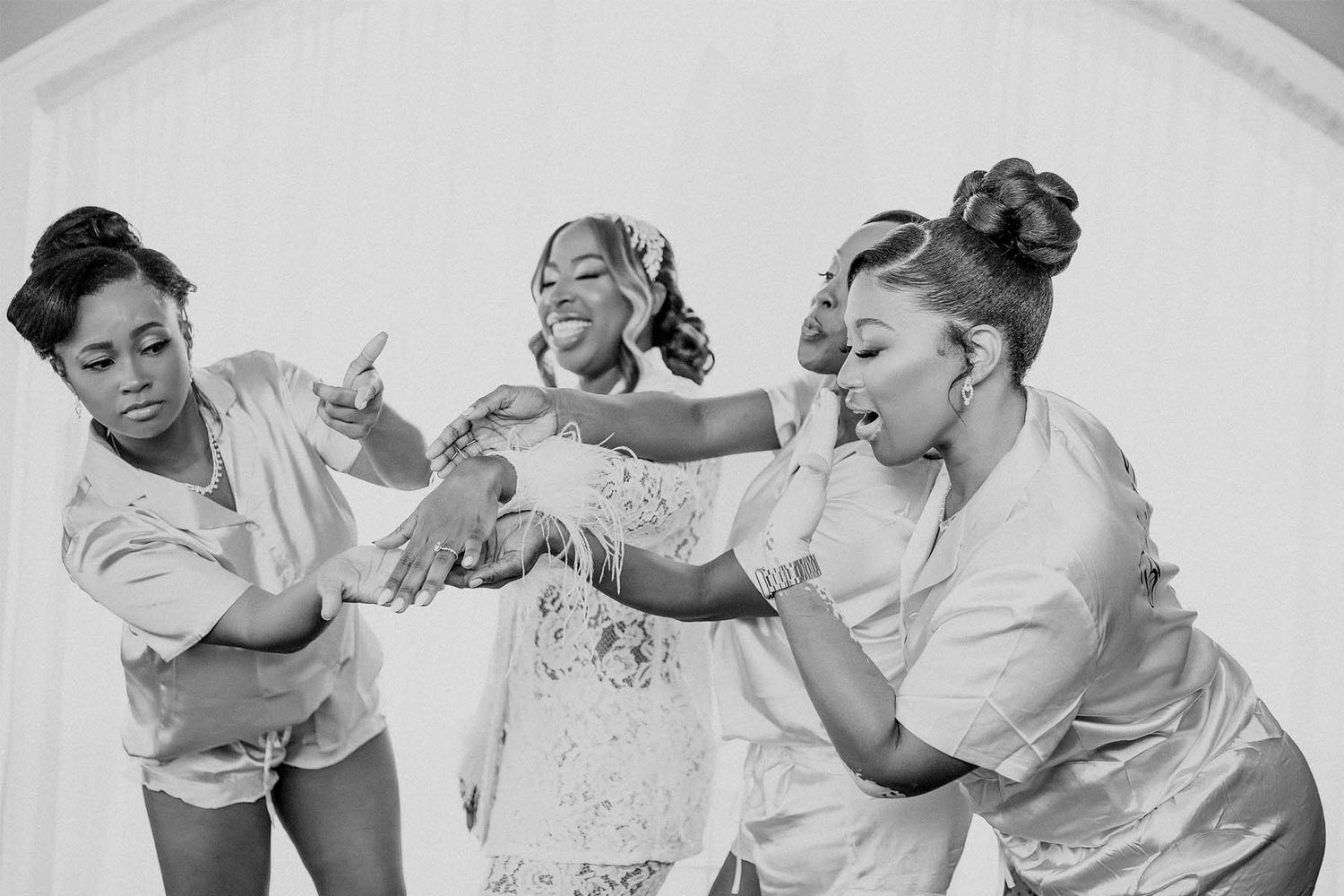 Black and white photo series showing joyful dancing and celebration moments at a wedding.