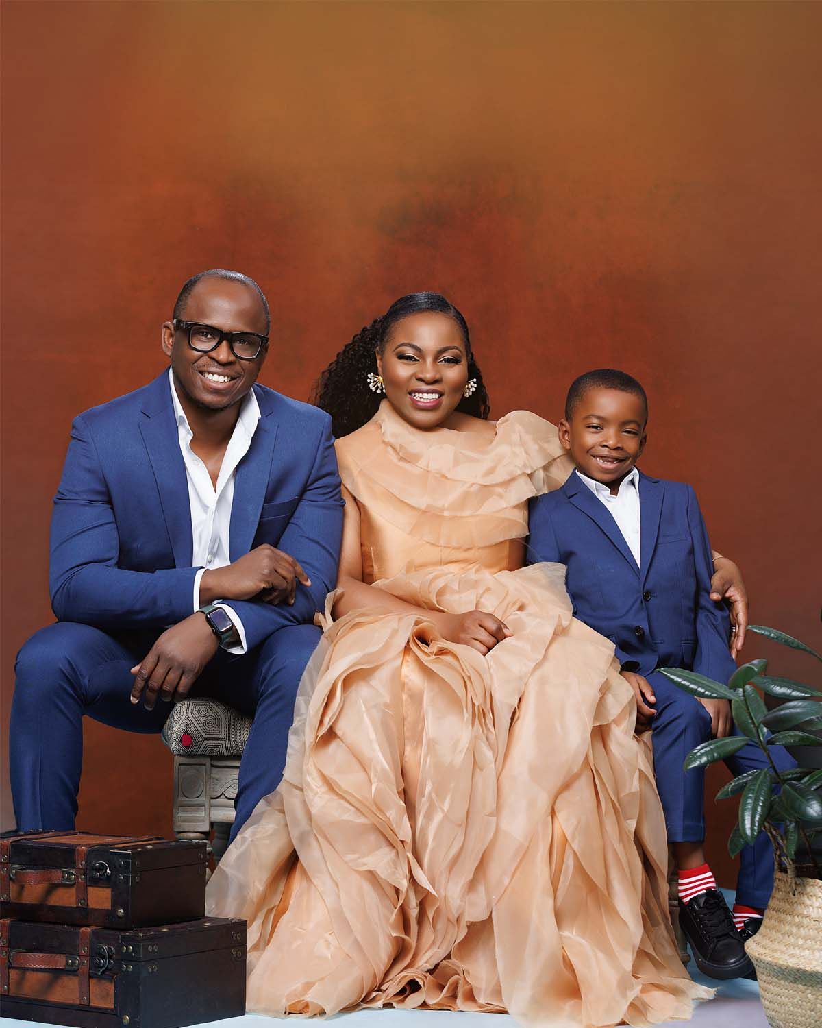 Series of posed and candid family moments in studio setting.