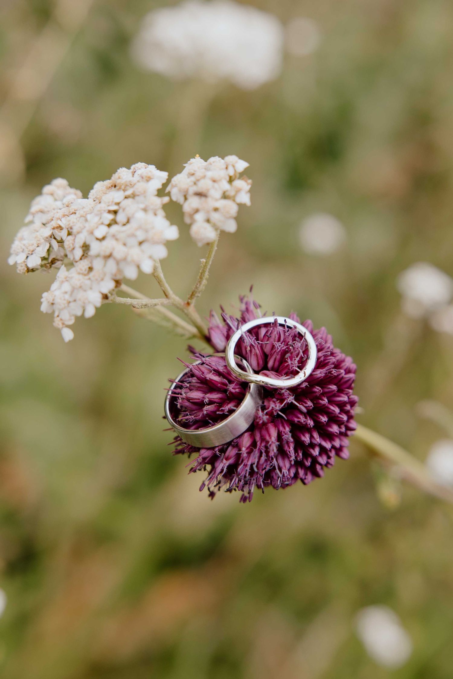 trouwringen close up shot met bloemen