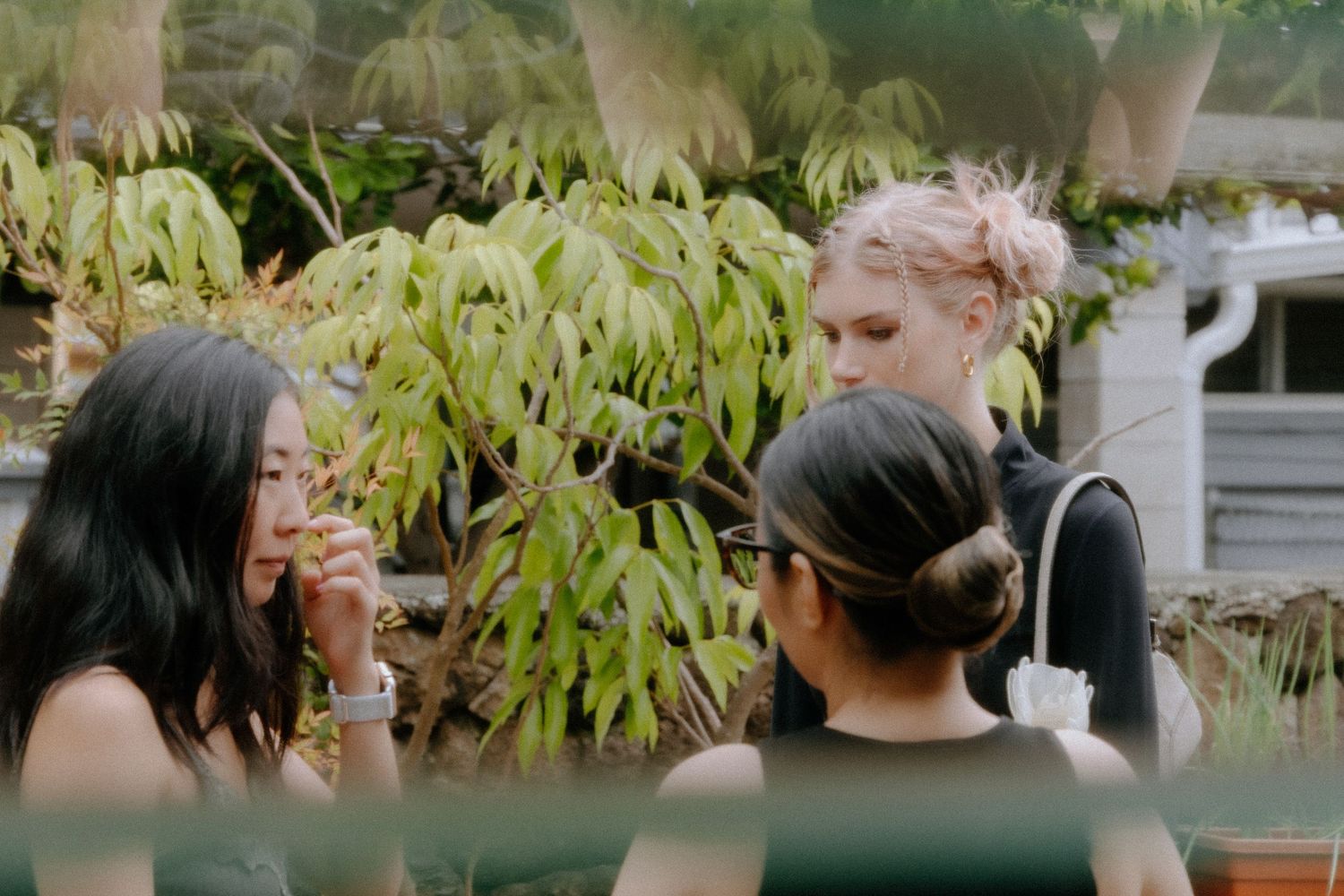 Three young people conversing outdoors surrounded by tropical green foliage.
