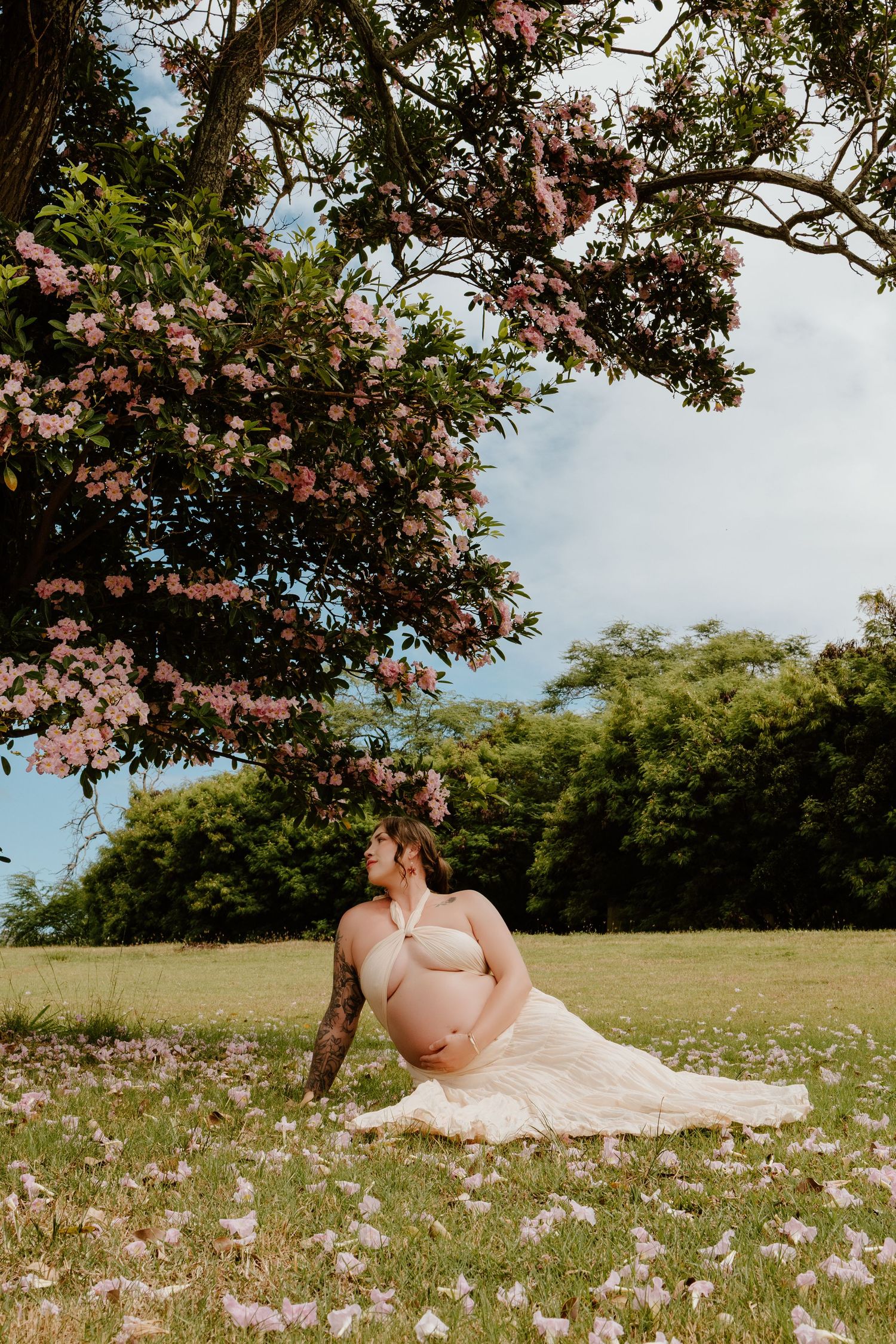 Pregnant woman in white dress sits under blooming pink tree on green grass, showcasing baby bump in serene outdoor maternity photo.