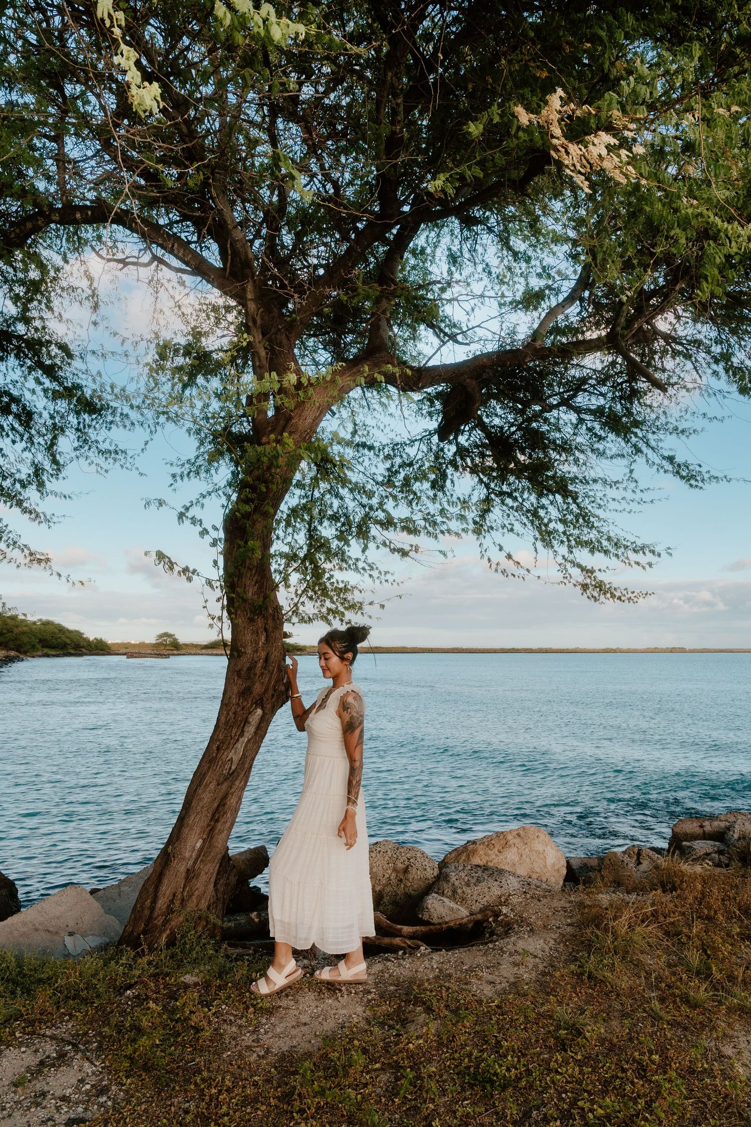 Woman in white dress standing under a tree by a serene blue lake with rocky shoreline at golden hour.