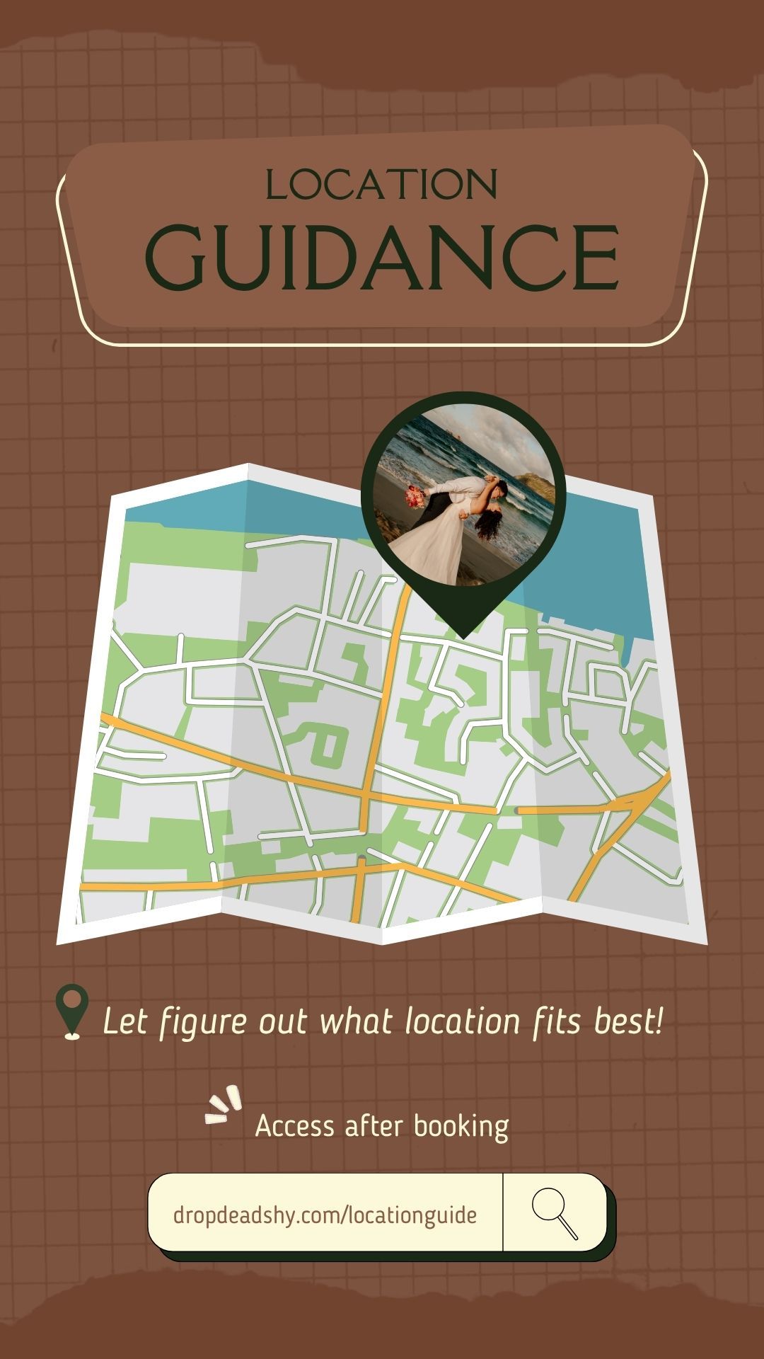 Location guidance promotional graphic with a folded map, pin marker, and photo overlay on a brown background.