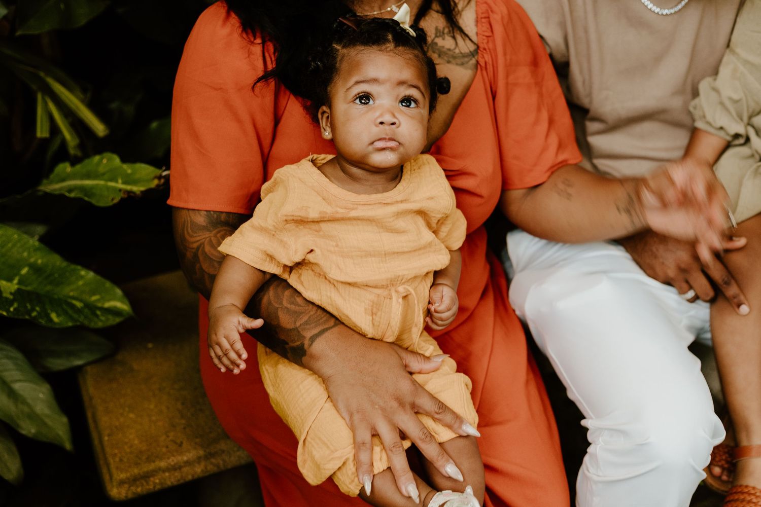 A baby in a yellow outfit sits on a parent's lap surrounded by lush green plants.