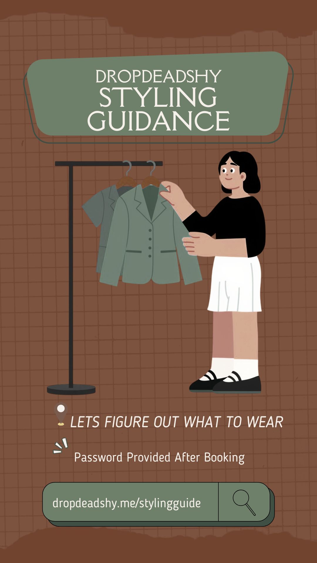 Illustrated promotional graphic for DropDeadShy Styling Guidance service featuring a woman browsing clothes on a rack.