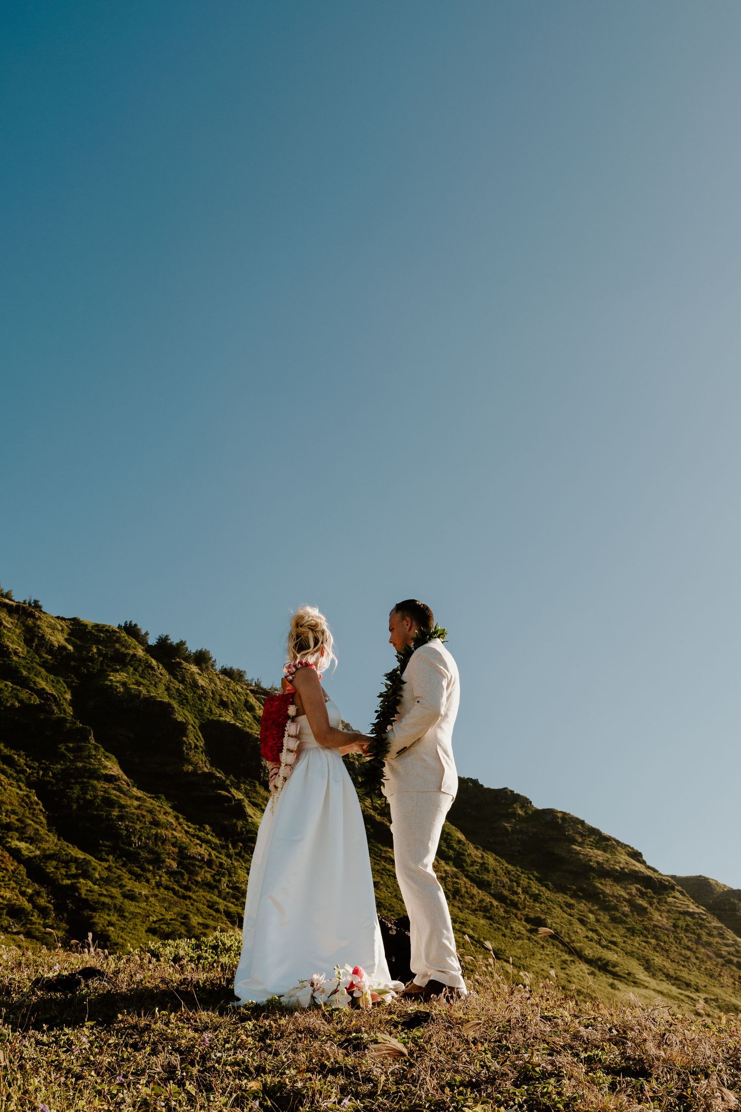 Bride and groom holding hands on green hillside with clear blue sky in Hawaii.
