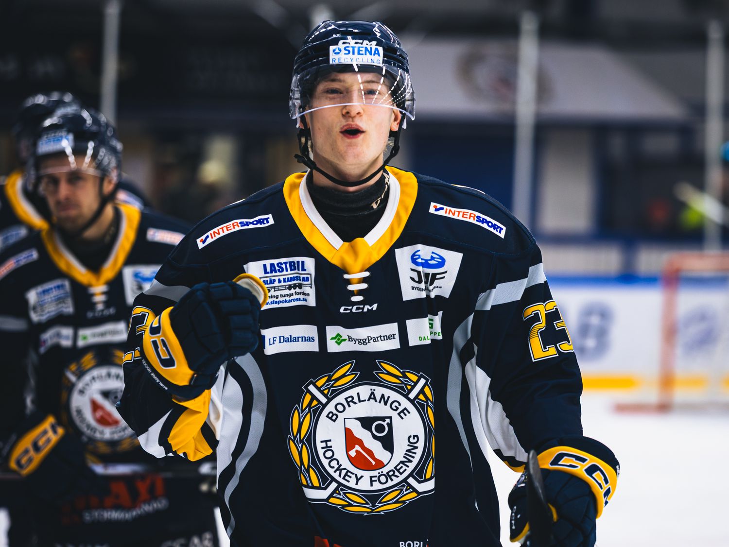 Hockey players in black and yellow jerseys compete during game action.