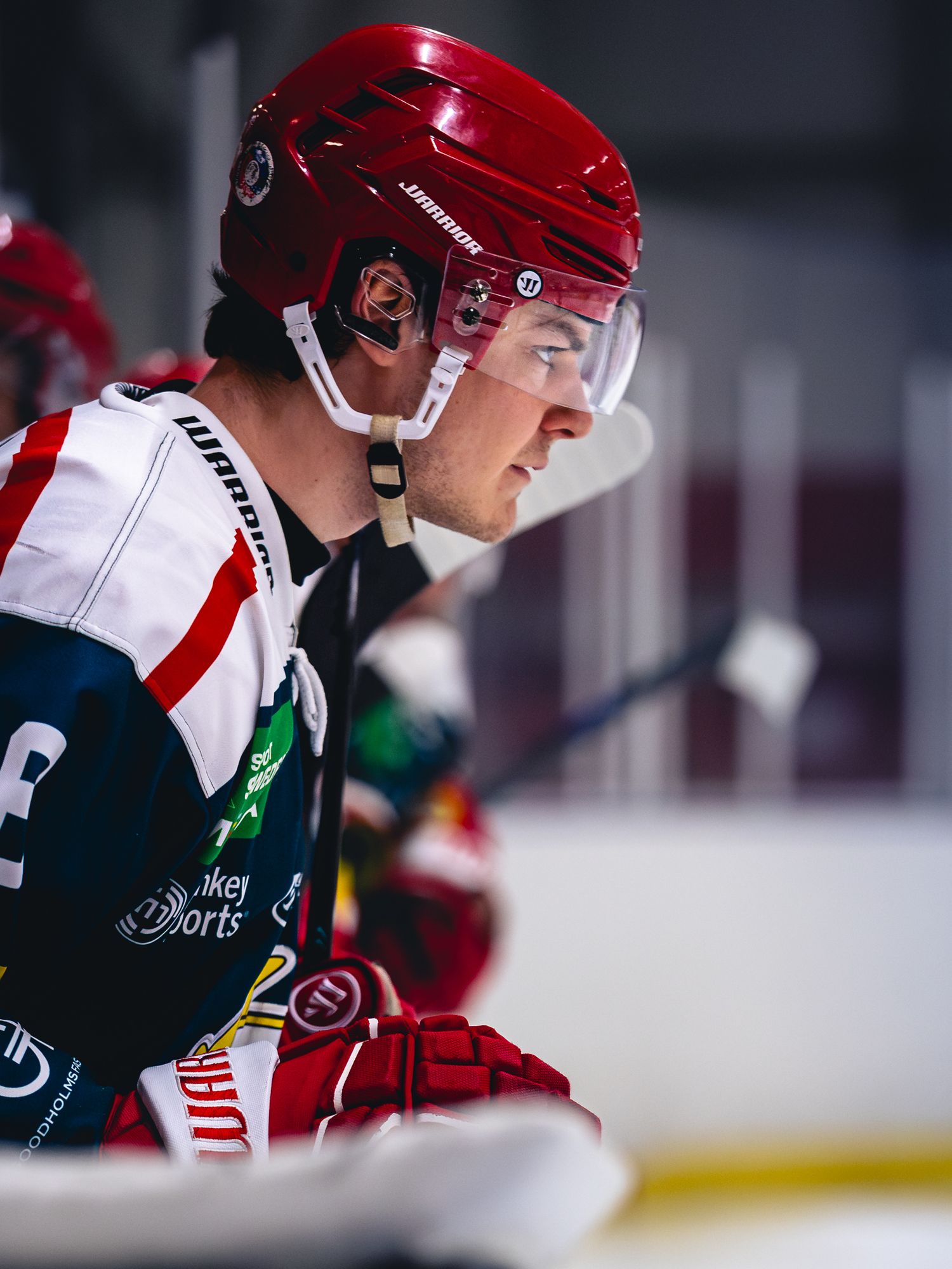 Hockey players in red uniforms lined up on ice during game.