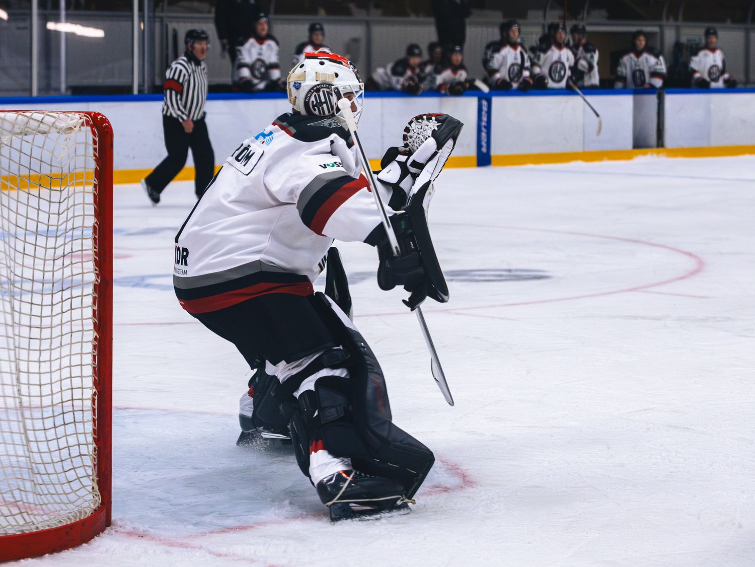 Ice hockey goalie in protective gear defending the net during a game.