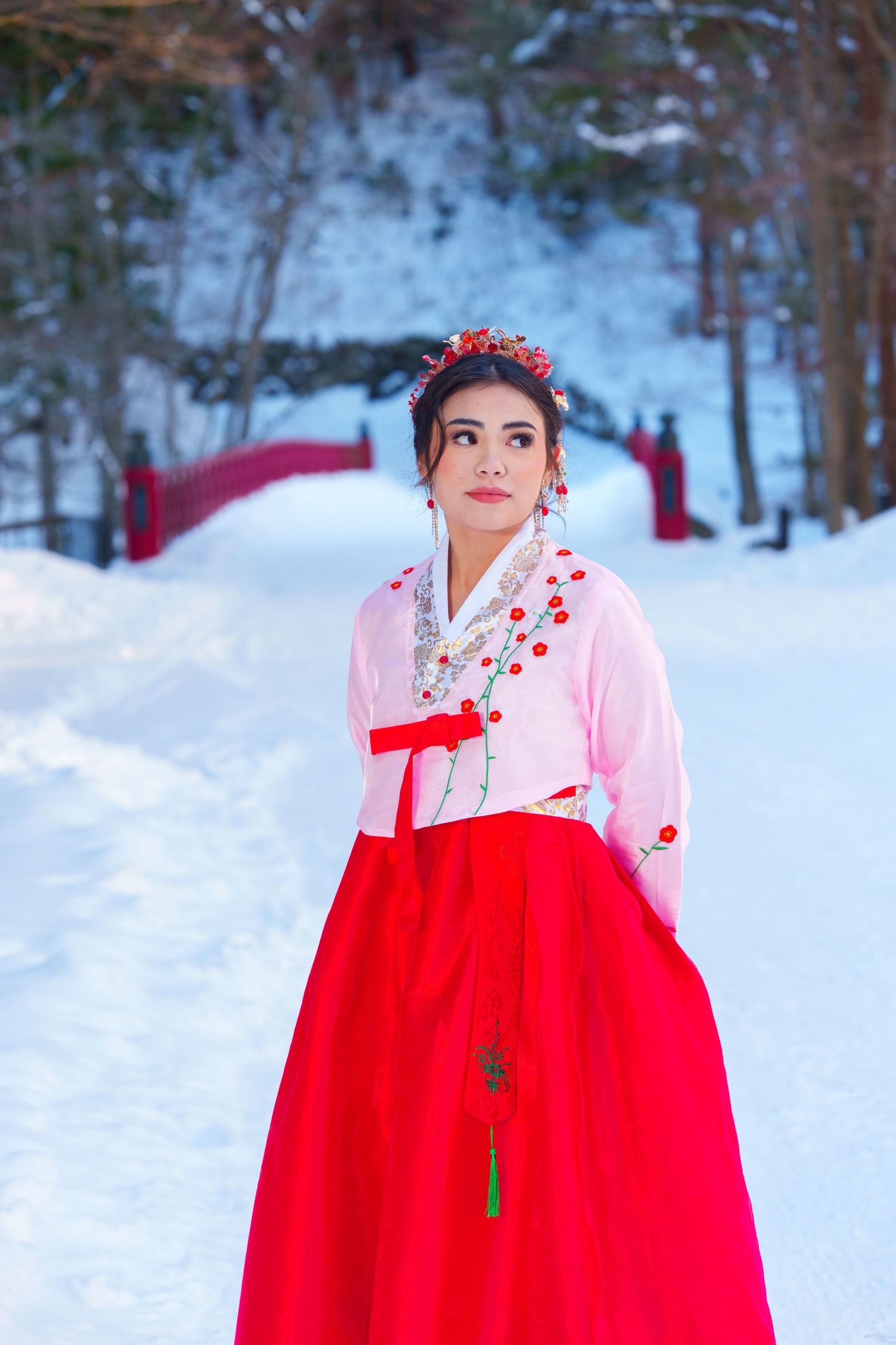 Traditional Korean hanbok dress photographed against snowy winter landscape with red bridge railing.