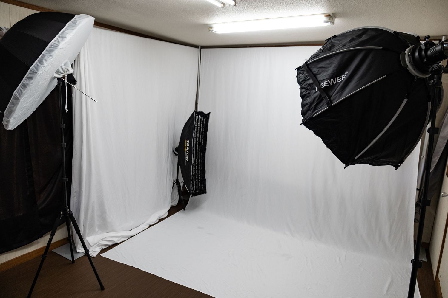 Professional photo studio with white backdrop and black softbox lighting equipment.