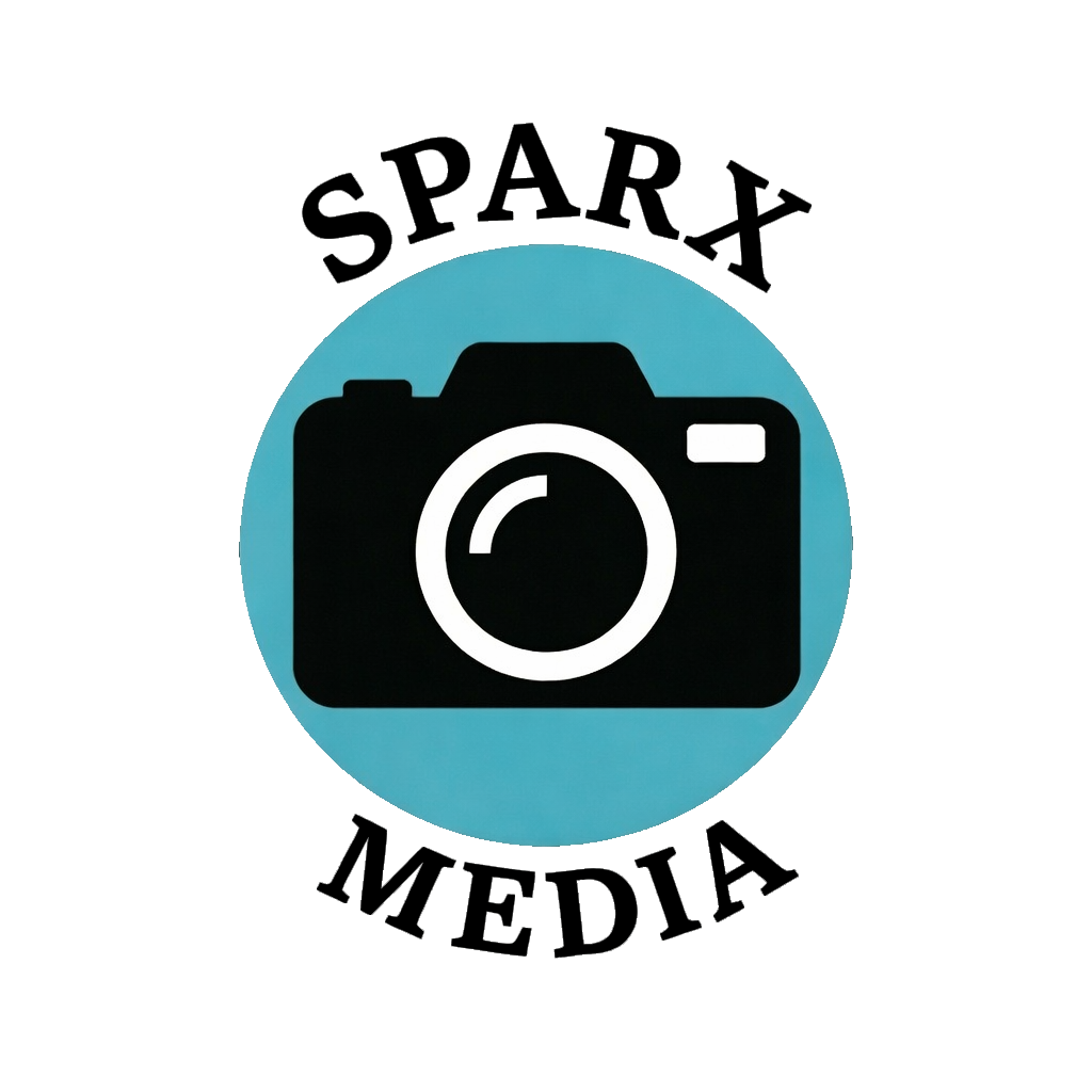 Sparx Media logo featuring a black camera silhouette on a teal circle with bold text above and below.