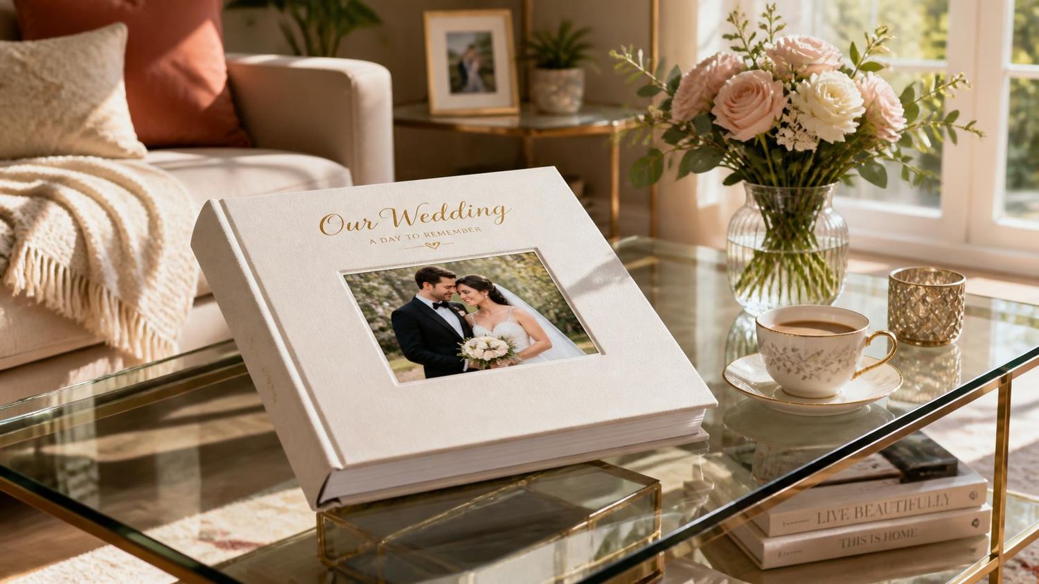 Elegant white wedding photo album on a glass coffee table, surrounded by pink roses and cozy home decor.