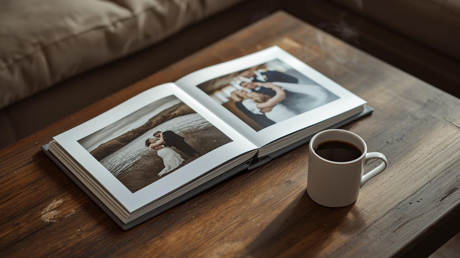 Open wedding photo album on rustic wooden table beside a white coffee mug in cozy home setting.