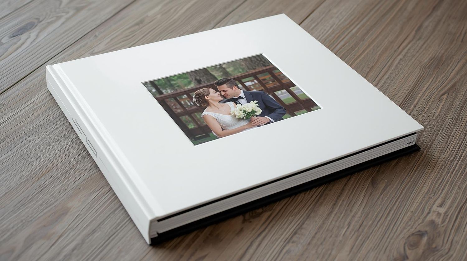 White hardcover wedding photo album with couple portrait on cover, displayed on wooden surface.