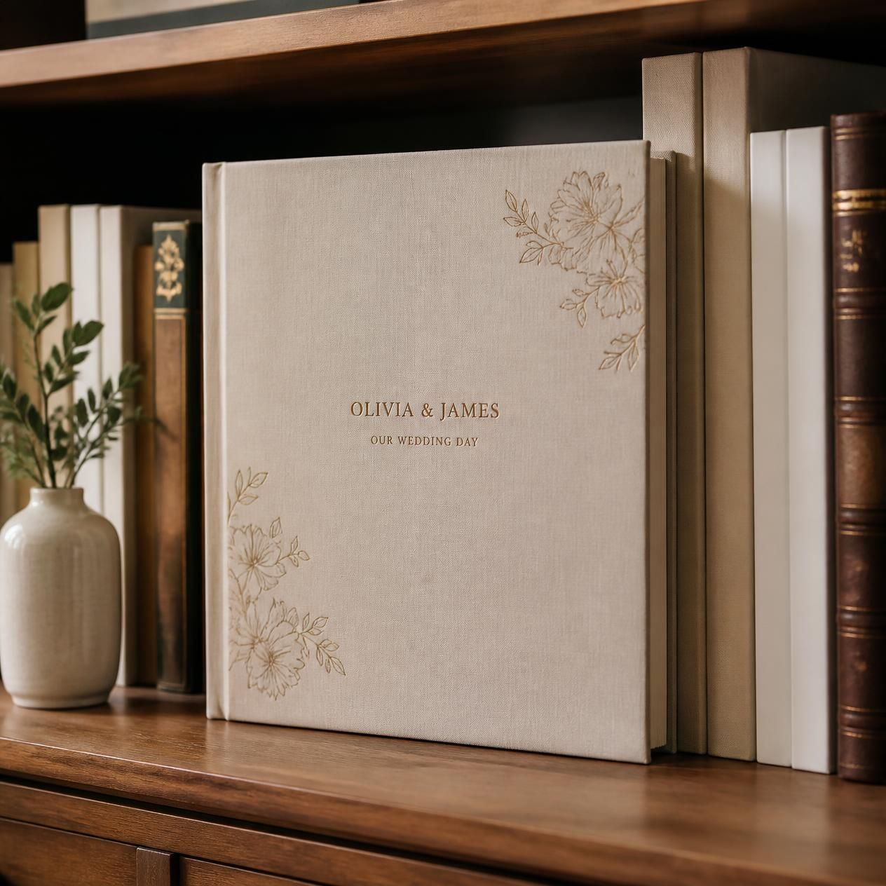 Elegant linen-covered wedding album for Olivia & James, featuring gold floral embossing, displayed on a wooden bookshelf.