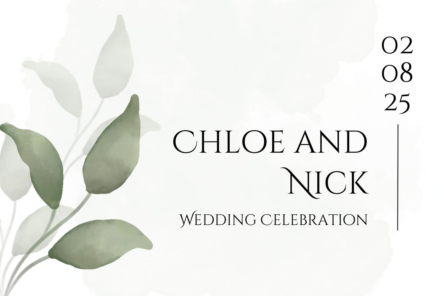 Wedding invitation design with elegant green eucalyptus leaves and minimalist text layout on white background.