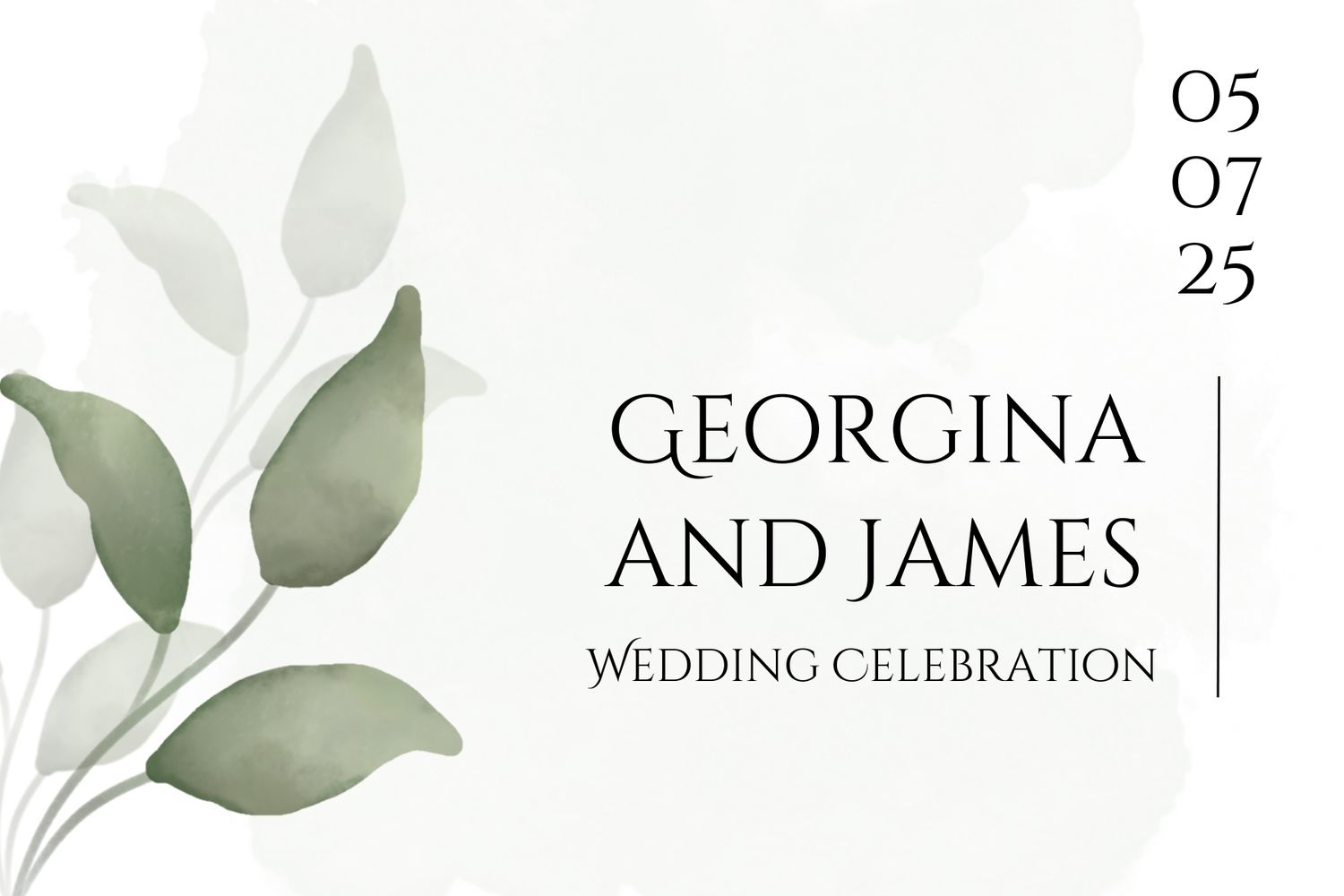 Wedding invitation design with sage green eucalyptus leaves and elegant text layout displaying date and celebration details.
