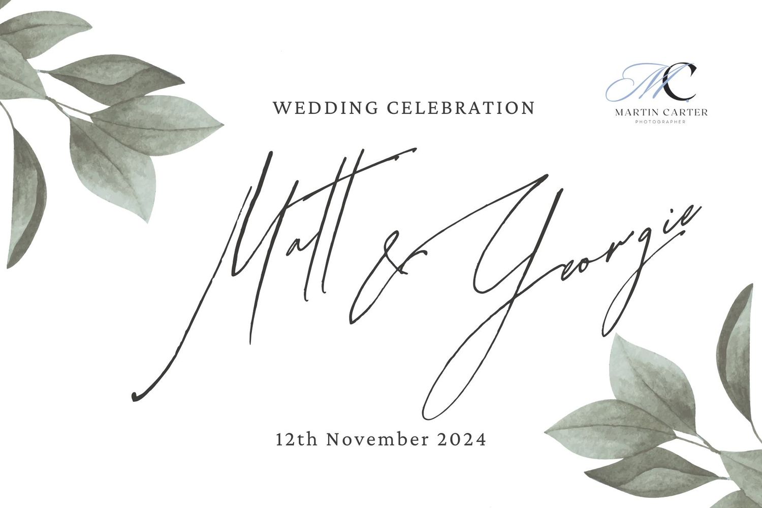 Elegant wedding invitation border design with delicate watercolor eucalyptus leaves and calligraphy text.