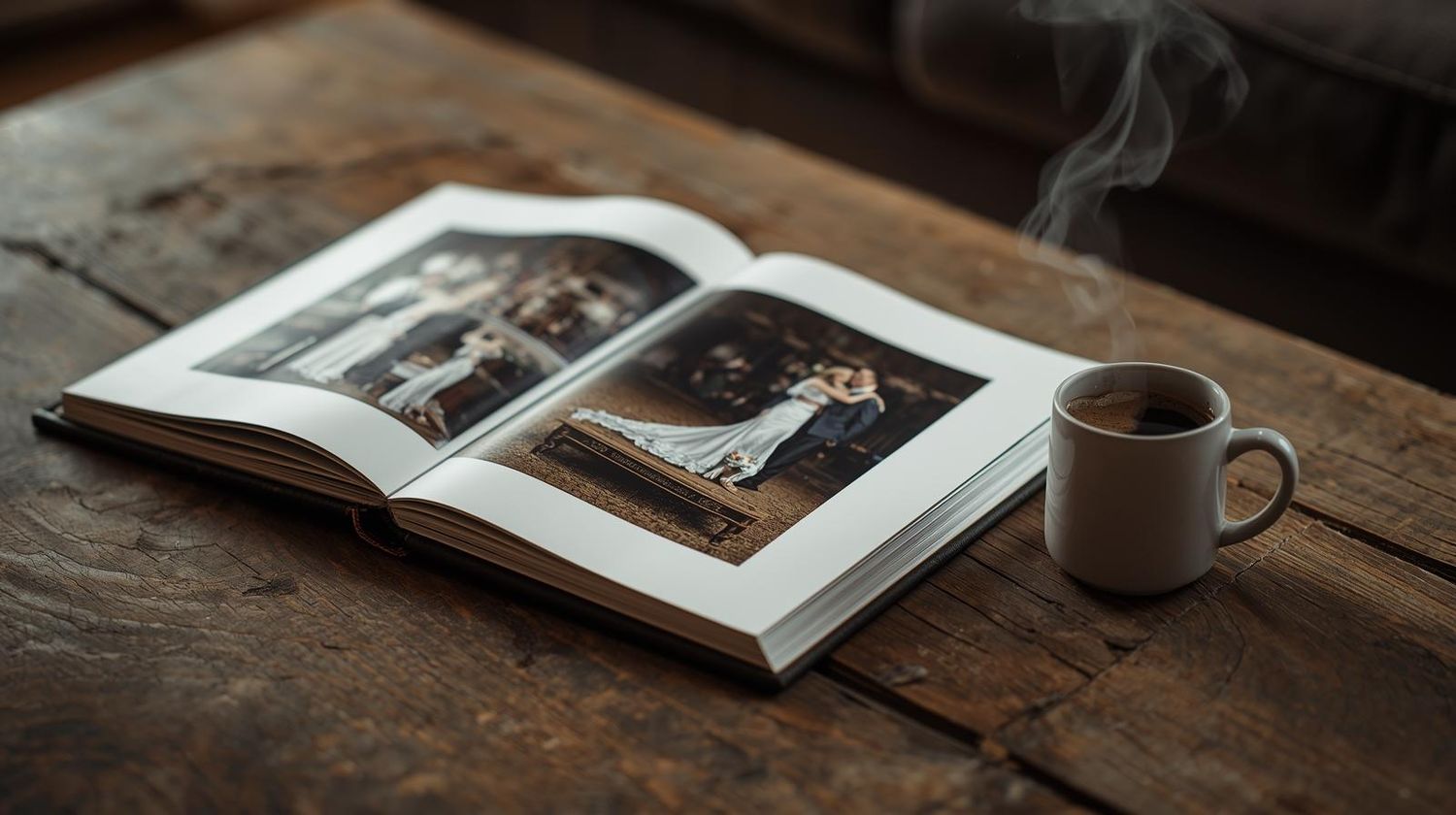 Open wedding photo album with two photographs displayed on a rustic wooden table beside a steaming coffee mug.