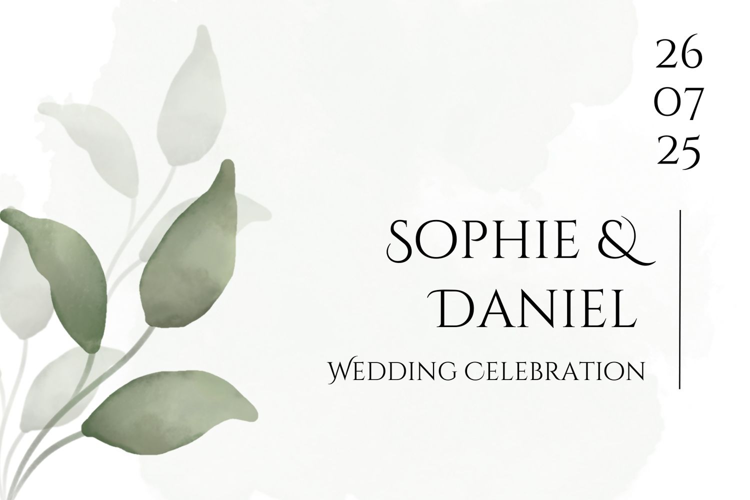 Elegant wedding invitation design featuring watercolor green leaves and minimalist black typography on white background.