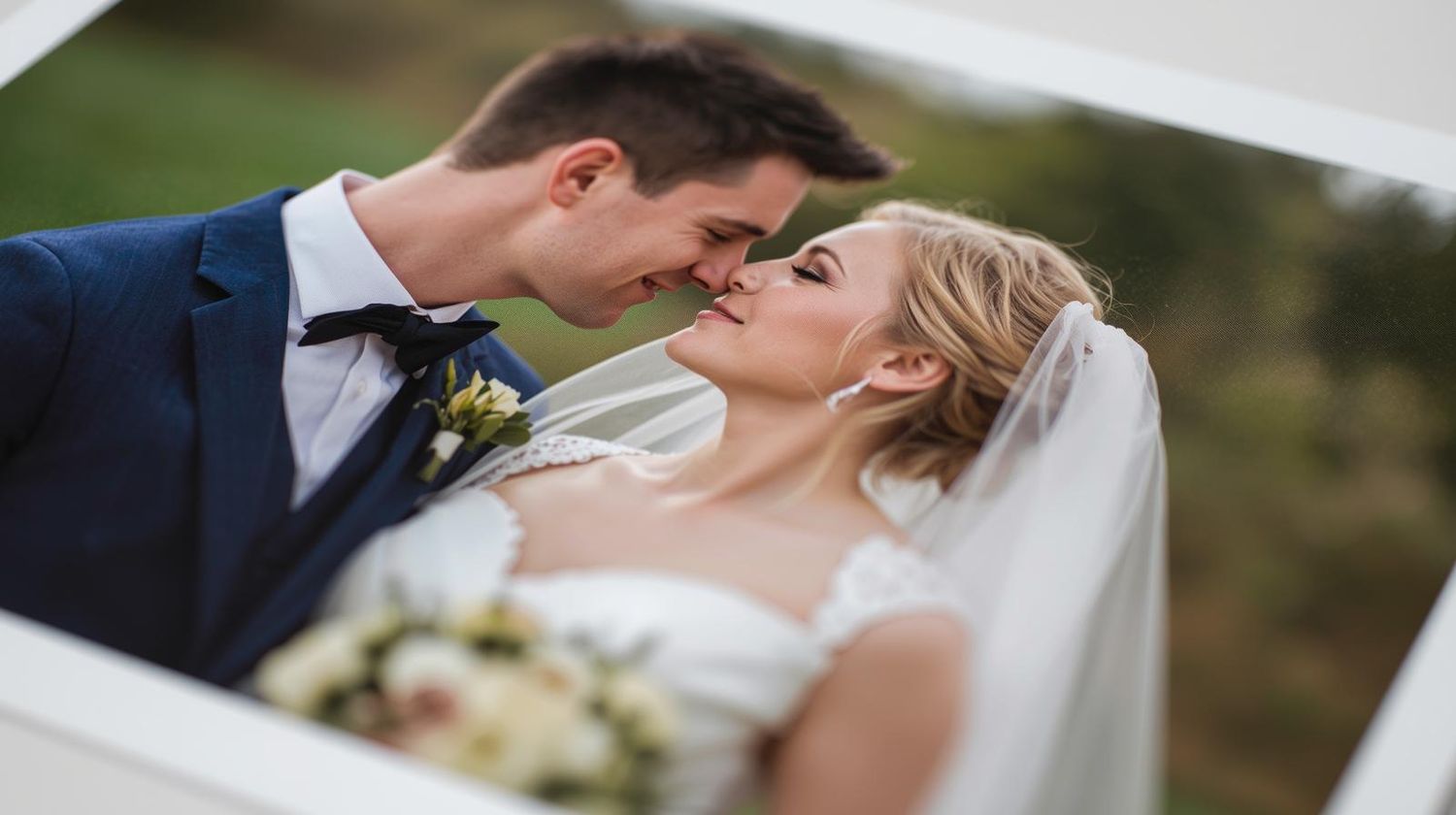 A bride and groom share a romantic forehead touch, the bride holding a bouquet in a wedding photo.