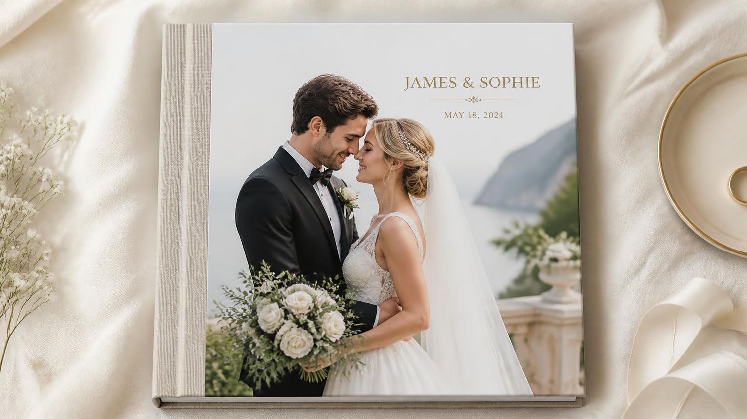 Elegant wedding photo album cover featuring a couple in formal attire with floral bouquet, titled James and Sophie.