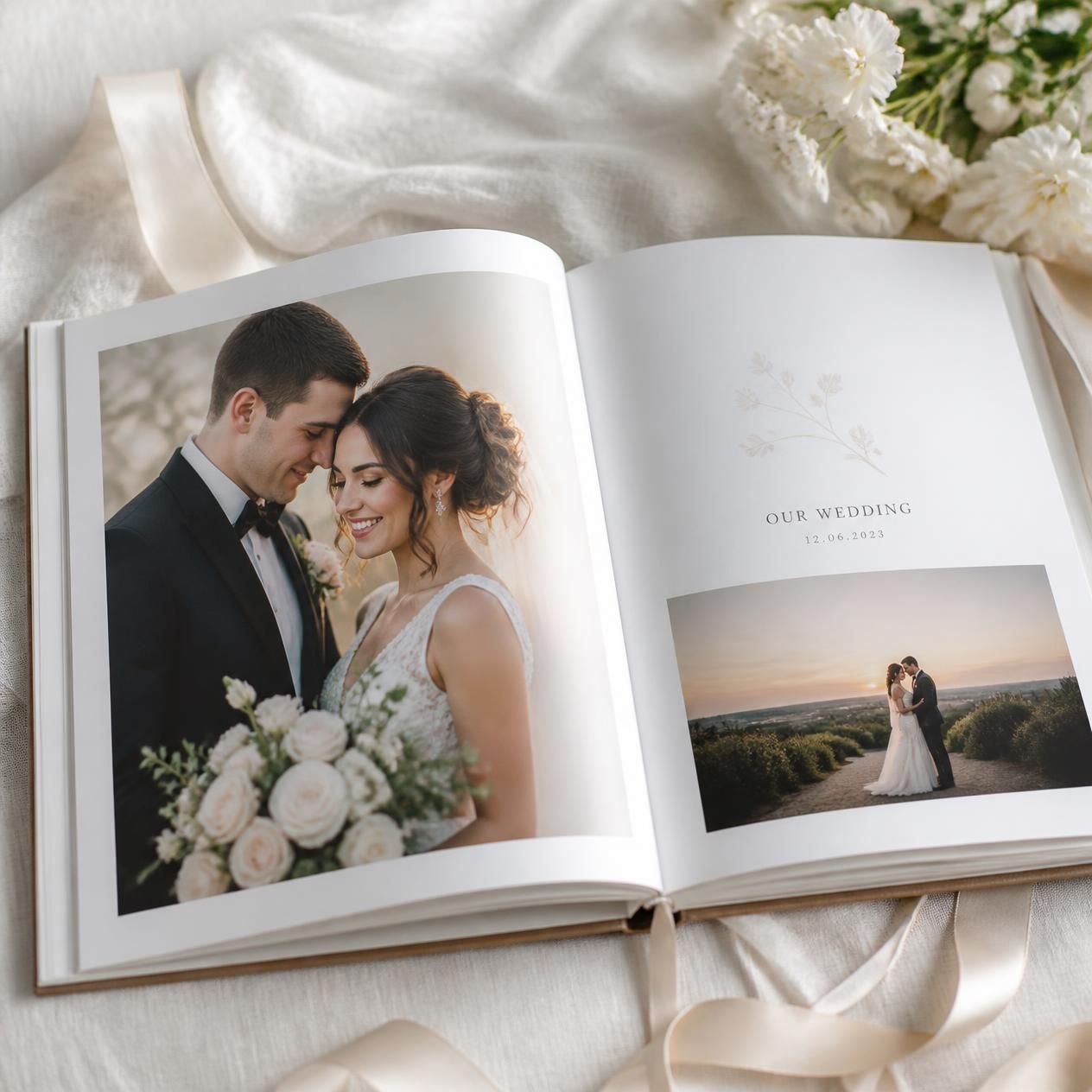 Open wedding photo album displaying elegant bride and groom portraits on cream pages with floral accents and ribbon details.