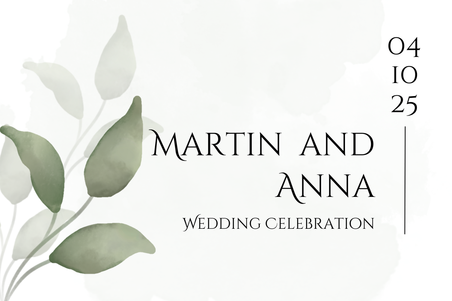 Wedding invitation design with green eucalyptus leaves and elegant typography on a white background.