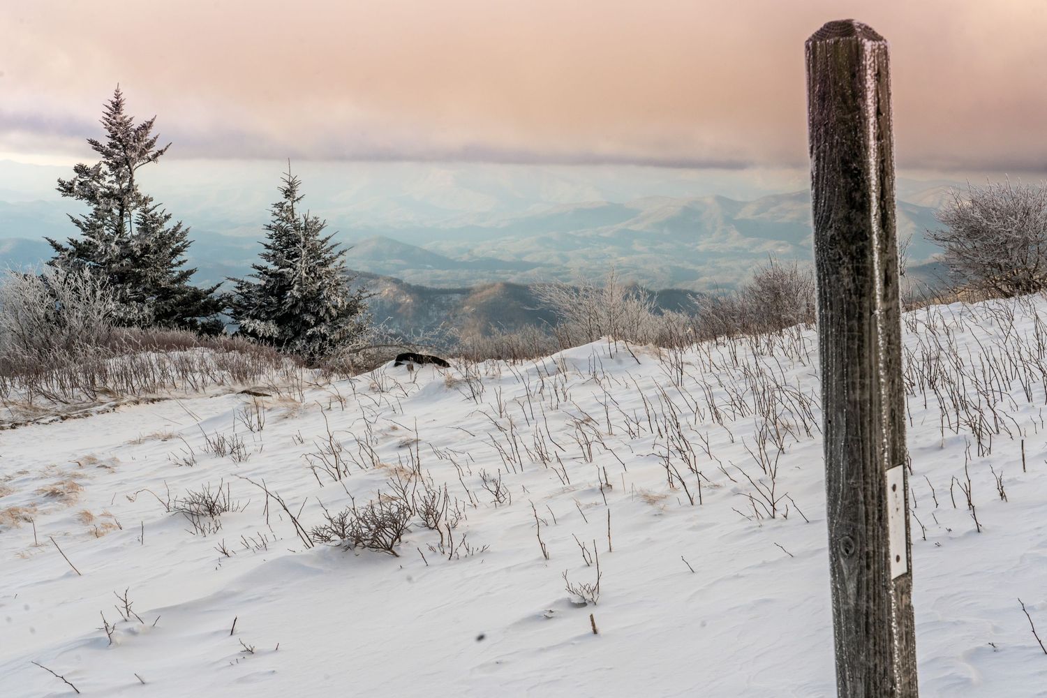 Snow-covered winter landscape with frost-dusted evergreen trees, a wooden post, and misty mountain valley at sunset.