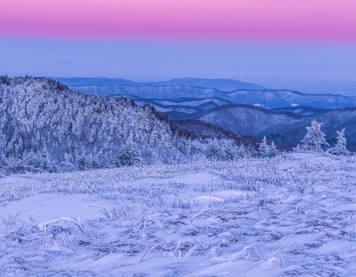 Snow-covered winter mountain landscape at twilight with pink and purple sky, frosted trees, and rolling blue ridgelines.