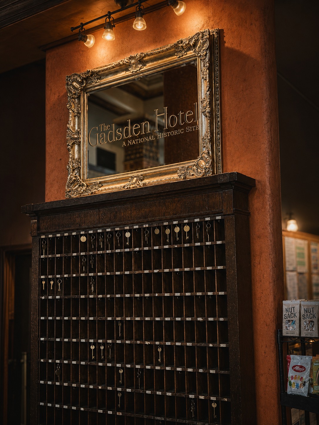 Vintage key cabinet and ornate gold mirror displaying Gadsden Hotel National Historic Site sign in warm lobby.