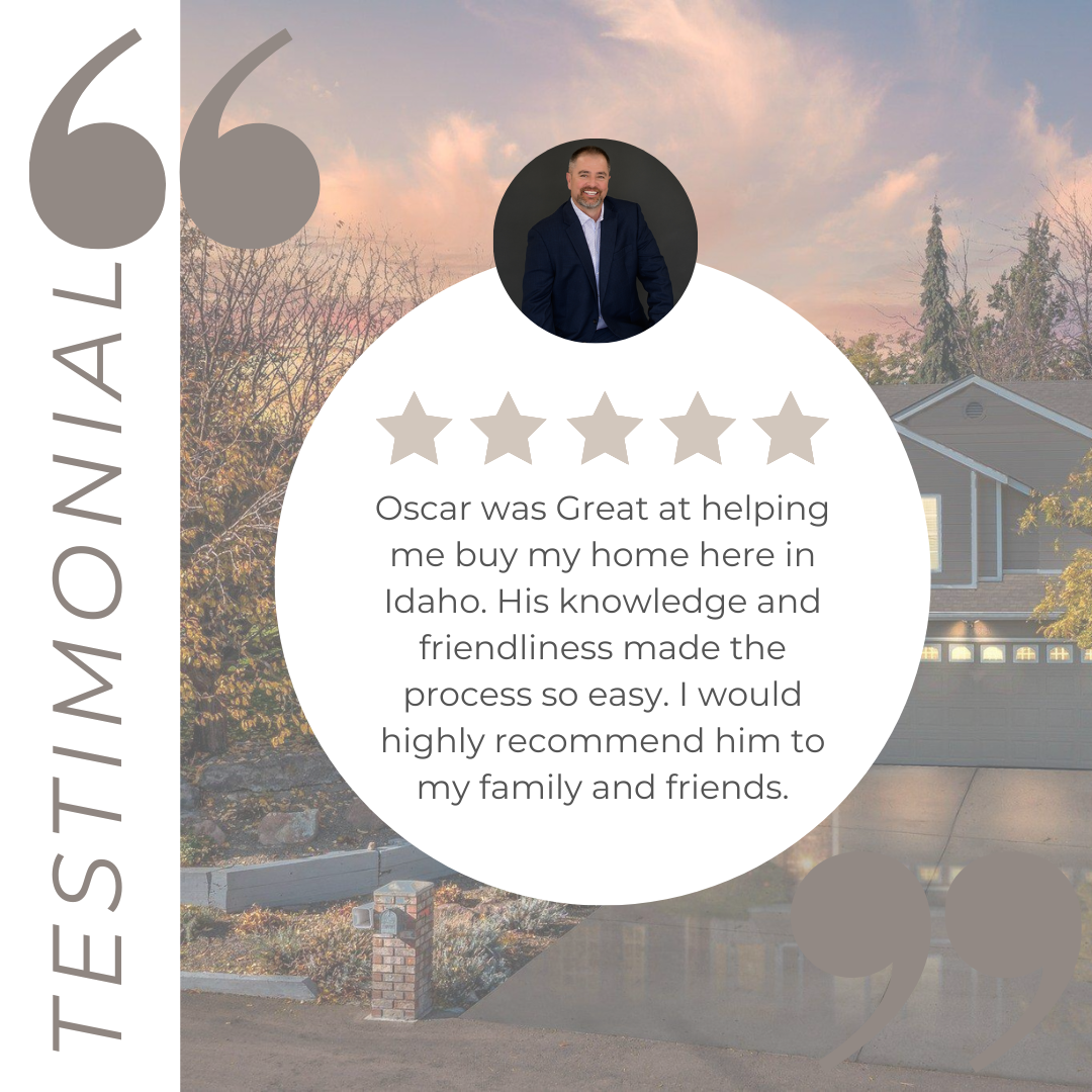 Five-star testimonial graphic for Oscar, a real estate agent in Idaho, featuring his photo and a glowing client review.