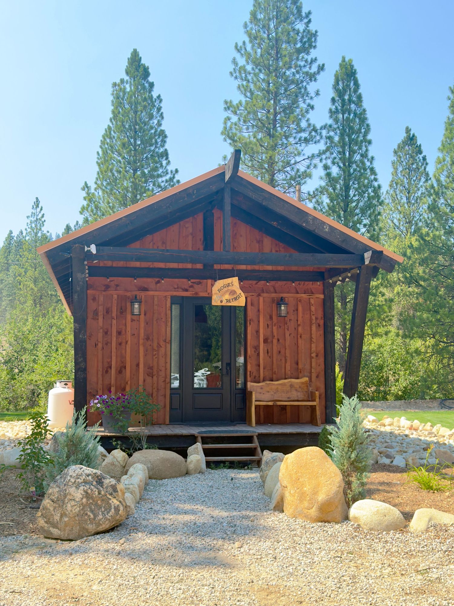 Charming small wooden cabin surrounded by tall pine trees with a gravel path and boulder landscaping.
