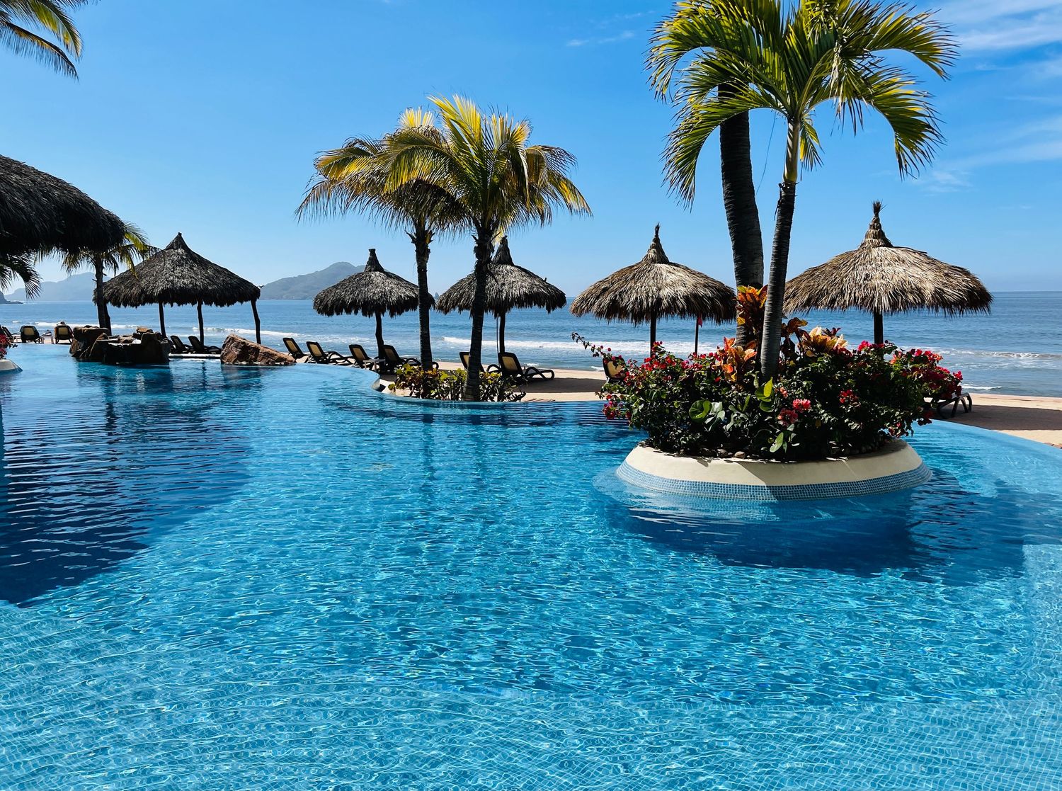 Stunning infinity pool with thatched palapa umbrellas, tropical flowers, and ocean views at a luxury resort.