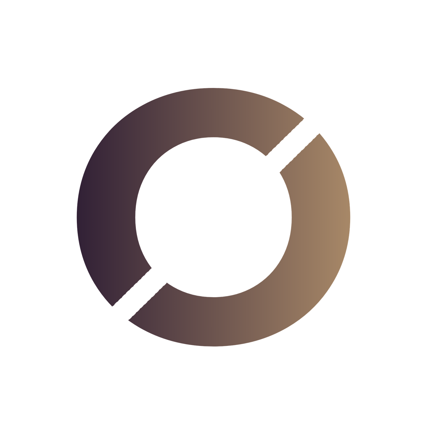 Circular gradient logo with dark purple to warm brown tones, featuring a broken ring design on white background.