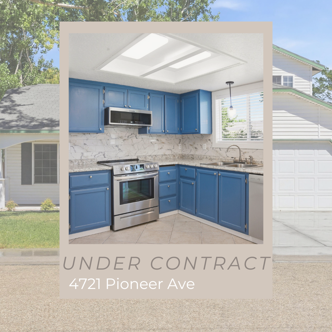 Under contract listing at 4721 Pioneer Ave featuring blue kitchen cabinets with stainless steel appliances and marble backsplash.