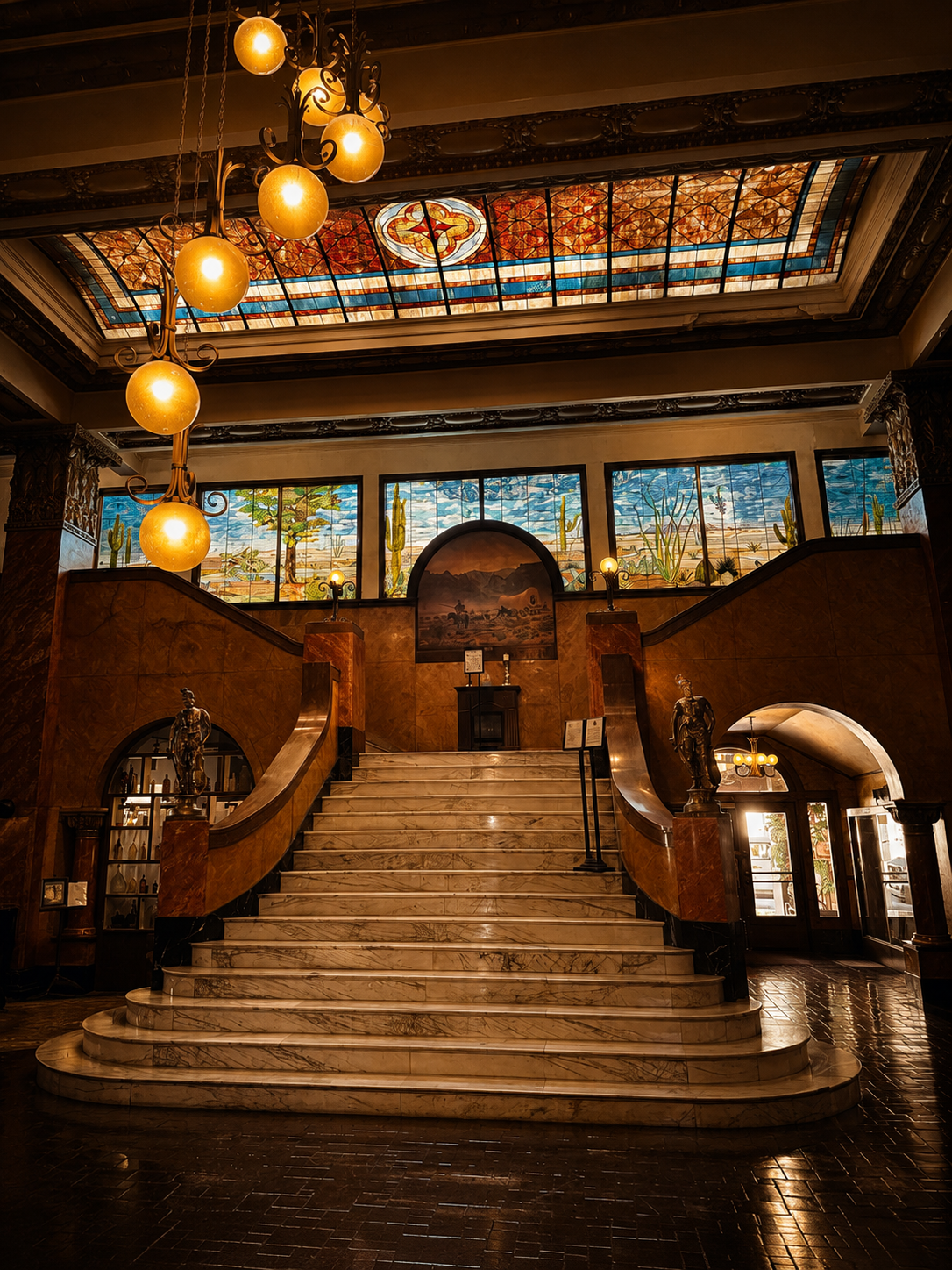 Grand marble staircase with ornate stained glass ceiling and warm globe chandeliers in an elegant historic building lobby.