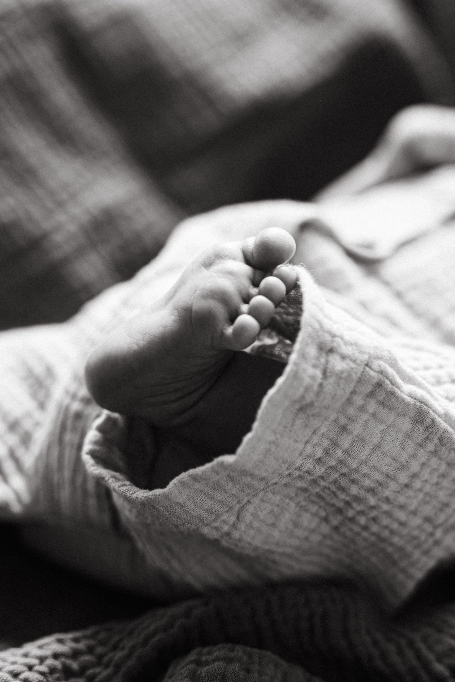 Black and white close-up photo of a newborn baby's tiny foot peeking out from a soft muslin blanket.