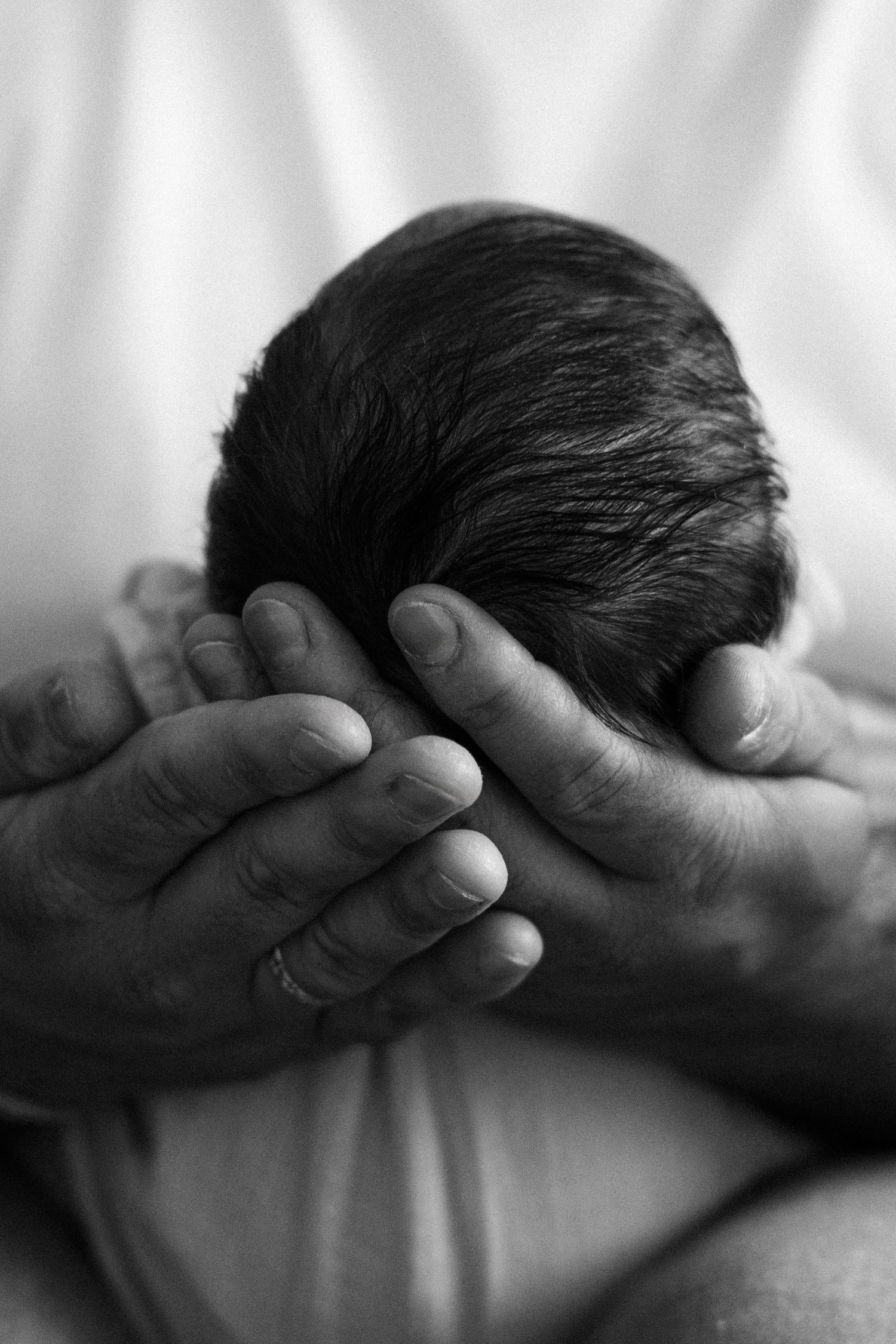 Black and white photo of adult hands gently cradling a newborn baby's head.