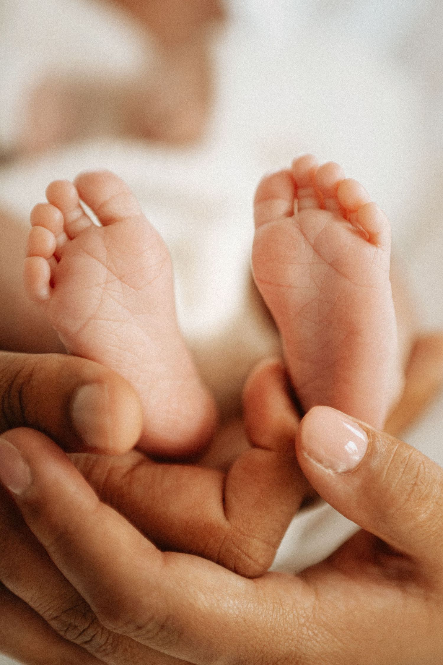 Adult hands gently cradling tiny newborn baby feet, showcasing the delicate size difference in a tender moment.