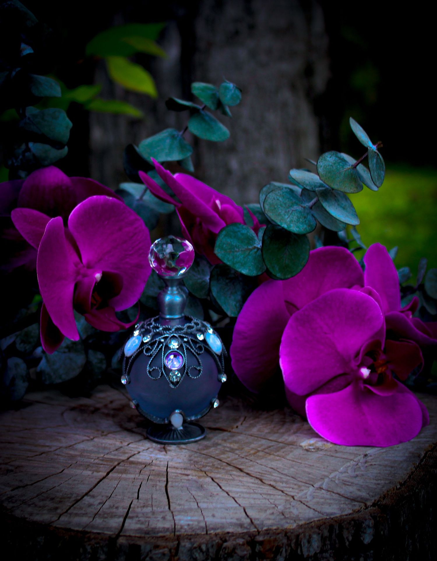 Ornate dark blue spherical perfume bottle with jewels on wood stump surrounded by purple orchids.